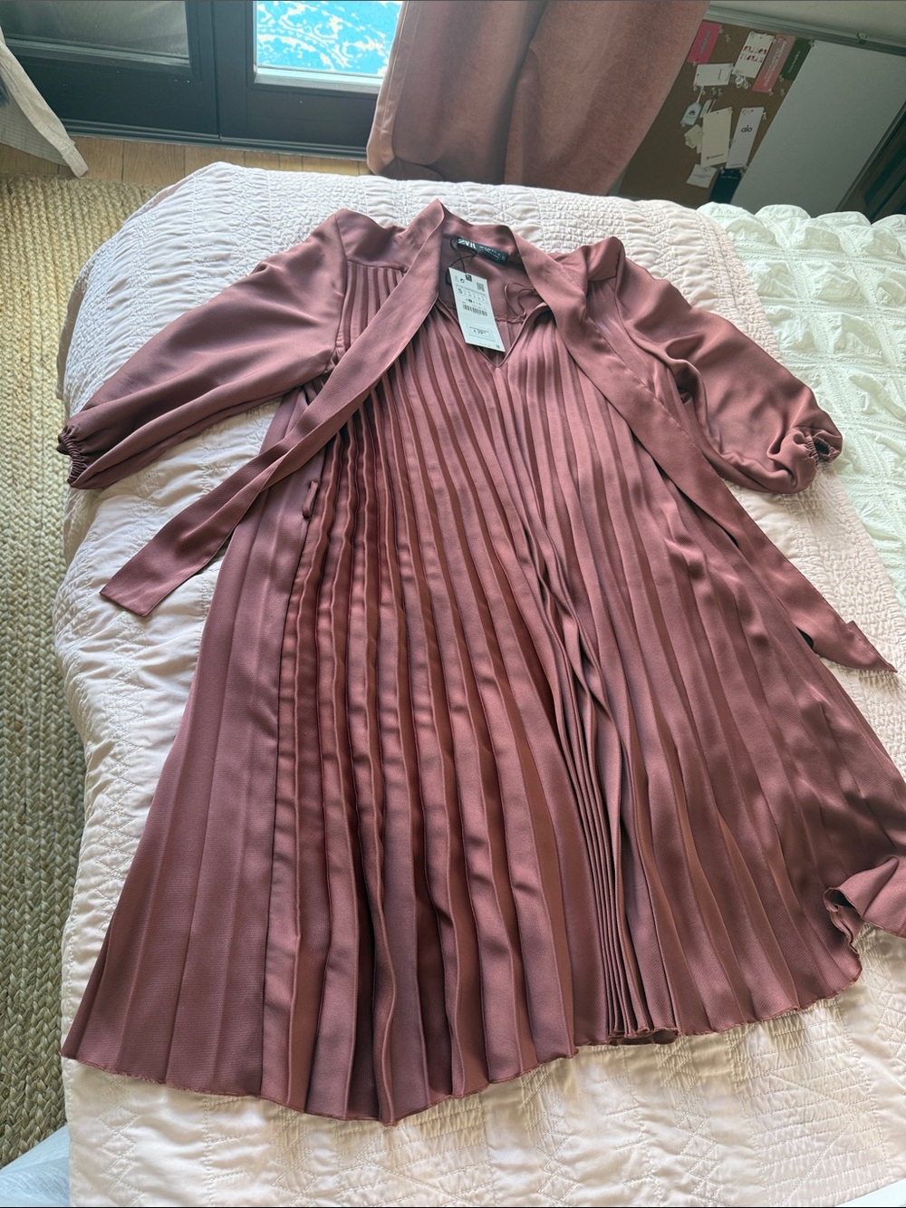 Zara Dusty Rose Pleated Satin Trench Dress
